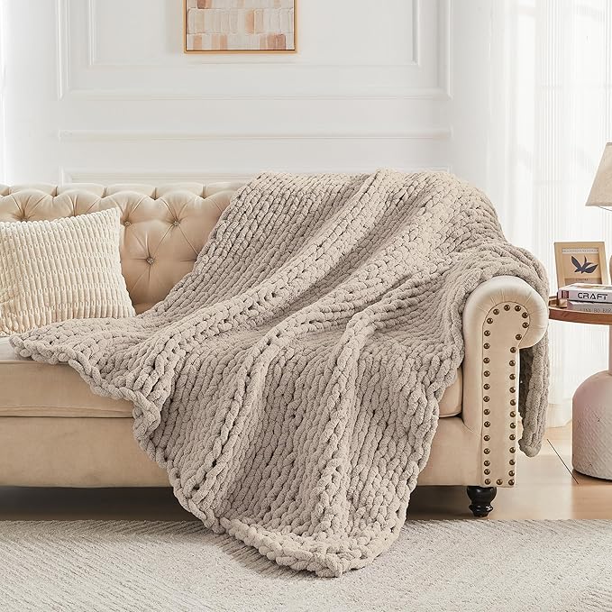 Carriediosa Chunky Knit Throw Blanket 60" X 80" Twin, 100% Hand Made Large Chenille Loop Yarn Soft Fluffy Throws for Couch Sofa Bed, Big Crochet Cozy Heavy Thick Cable Woven Blankets, Taupe