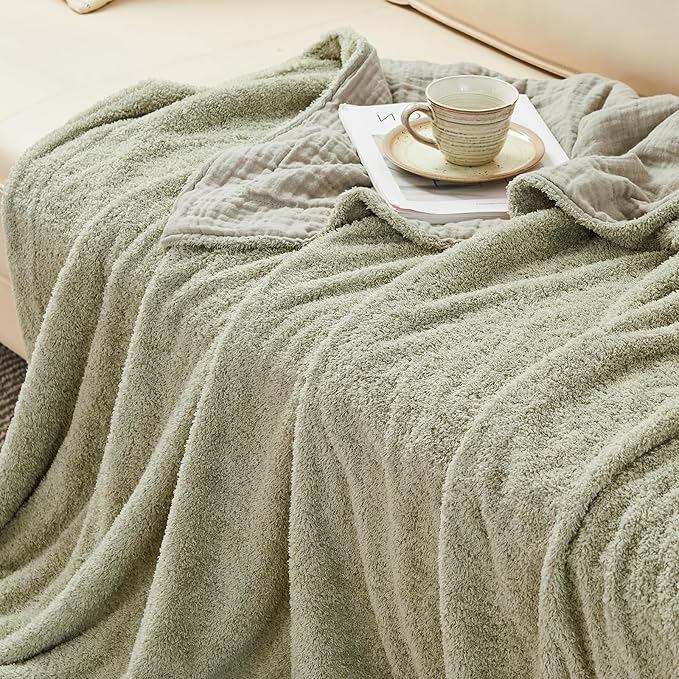 EMME Muslin Cotton Fleece Throw Blanket Reversible - 50"*60" Sage Green Soft Warm Throw Blankets for Couch Bed Picnic Travel Bed