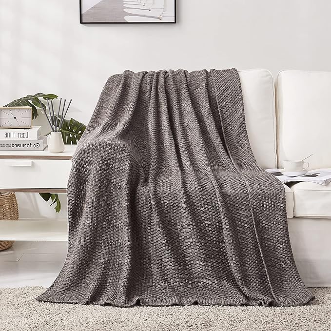 Longhui bedding Grey Knitted Throw Blanket for Couch, Soft, Cozy Machine Washable 100% Cotton Sofa Cable Knit Blankets, 4.0lb Weight, 60 x 80 Inches Oversized, Grey White Color