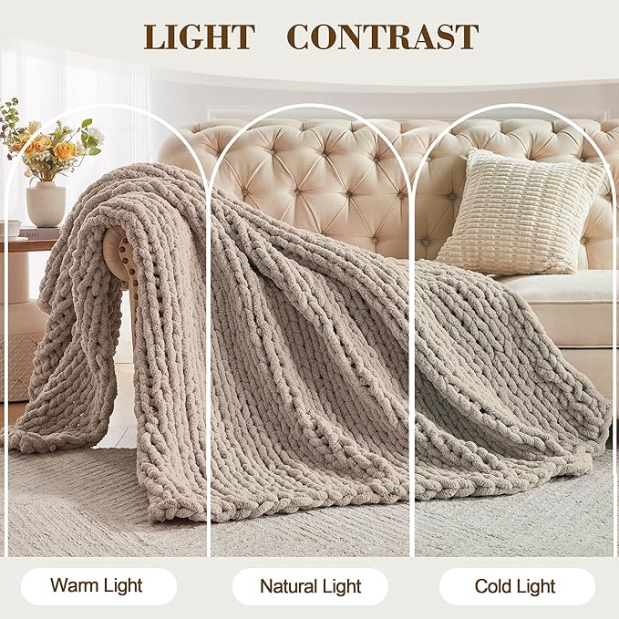 Carriediosa Chunky Knit Throw Blanket 60" X 80" Twin, 100% Hand Made Large Chenille Loop Yarn Soft Fluffy Throws for Couch Sofa Bed, Big Crochet Cozy Heavy Thick Cable Woven Blankets, Taupe