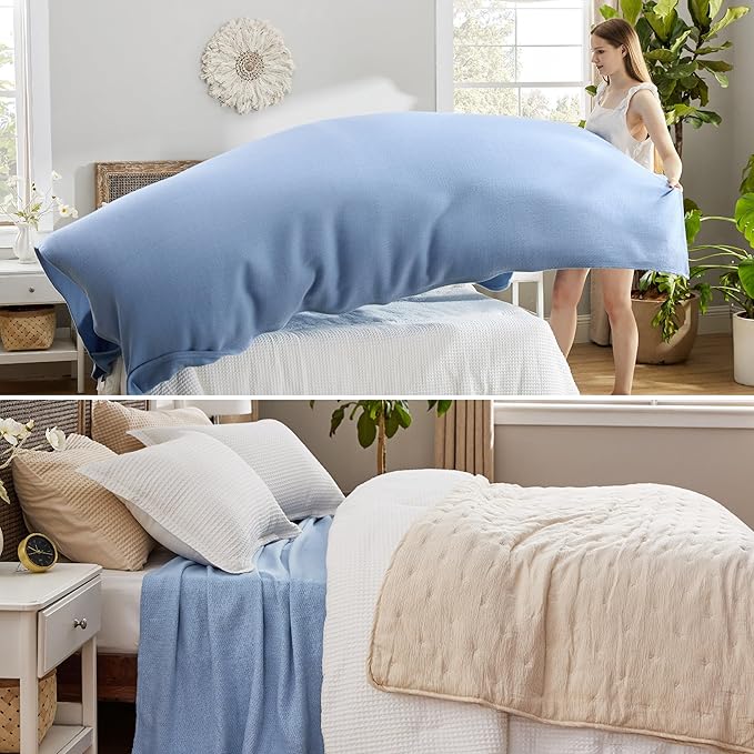 Bedsure 100% Cotton Blanket King Size for Bed - Breathable and Lightweight, Soft Cozy Textured Herringbone Woven Blanket for Summer Spring, Ashley Blue, 108x90 inches