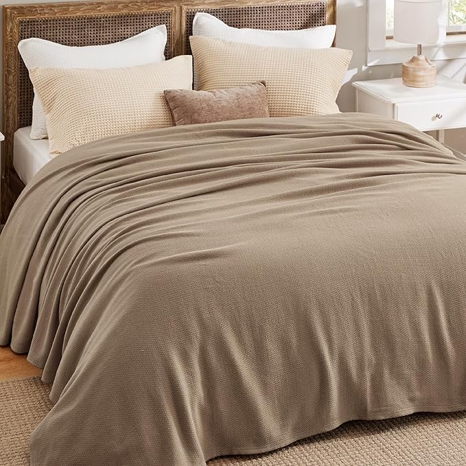 Bedsure 100% Cotton Blanket Queen Size for Bed - Breathable and Lightweight, Soft Cozy Textured Herringbone Woven Blanket for Summer Spring, Tan, 90x90 inches