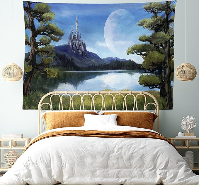 Ambesonne Fantasy Tapestry, Moon Surreal Scene with Riverside Lake Forest and Medieval Castle on Hill Art, Wall Hanging for Bedroom Living Room Dorm Decor, 60" X 80", Green Blue
