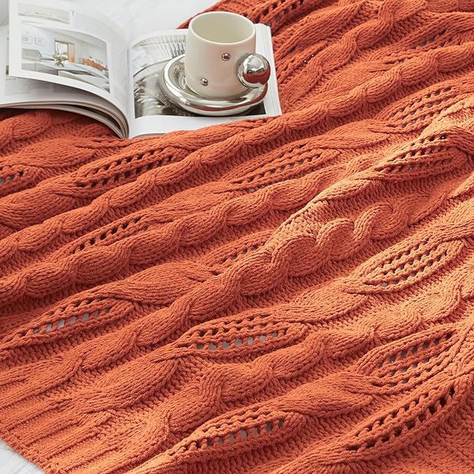 Amélie Home Chunky Knit Chenille Throw Blanket, Breathable Cable Knitted Blanket for Couch, Farmhouse Decorative Throw for Sofa Chair Bed, 50"x60", Burnt Orange