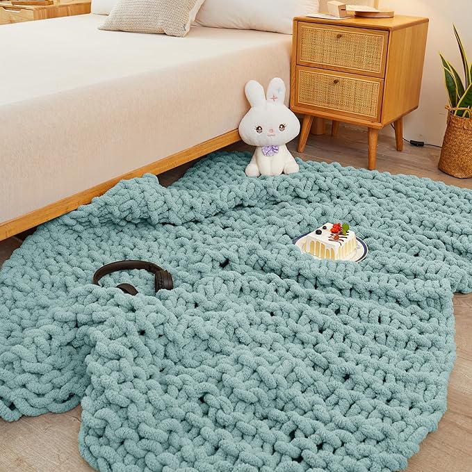 Knit Blanket 50"x60" Aqua Blue Cream Soft Washable Chenille Throw Blanket Cozy 100% Handmade Crochet Blankets with Jumbo Chenille Yarn for Couch Bed Sofa Room Decor
