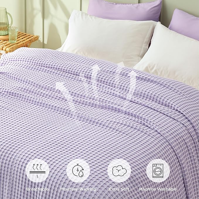 Bedsure Cooling Cotton Waffle Queen Size Blanket - Lightweight Breathable Blanket of Rayon Derived from Bamboo for Hot Sleepers,Light Purple, 90x90 Inches