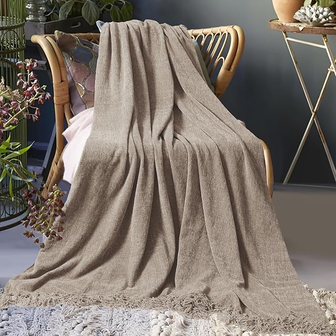 Chenille Throw Blanket for Couch 60"X 80" Twin, Soft Cozy Throws with Fringe Tassel for Bed Sofa Chair, Lightweight Knitted Decorative Farmhouse Boho Blankets for Gift, Taupe