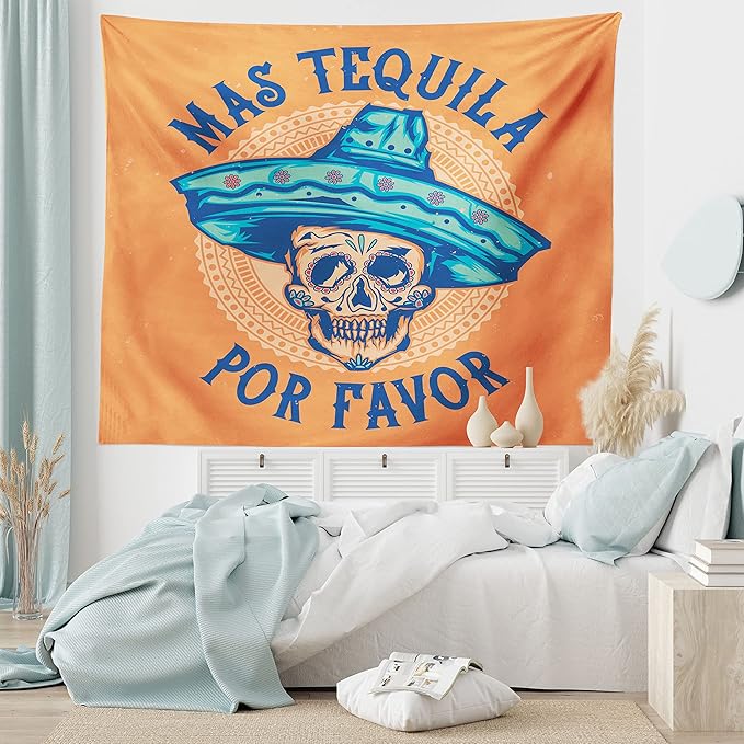 Ambesonne Alcohol Tapestry, Hand-Drawn Sugar Skull Wearing Sombrero with Mas Tequila Por Favor Saying, Wide Wall Hanging for Bedroom Living Room Dorm, 80" X 60", Multicolor Orange