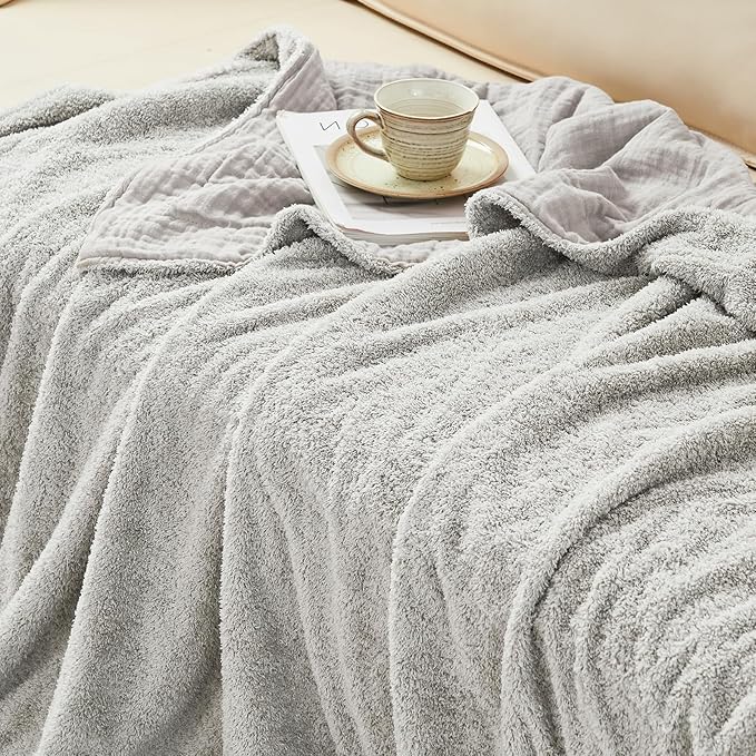 EMME Muslin Cotton Fleece Queen Blanket Reversible - 80"*90" Grey Soft Warm Throw Blankets for Couch Bed Picnic Travel Bed