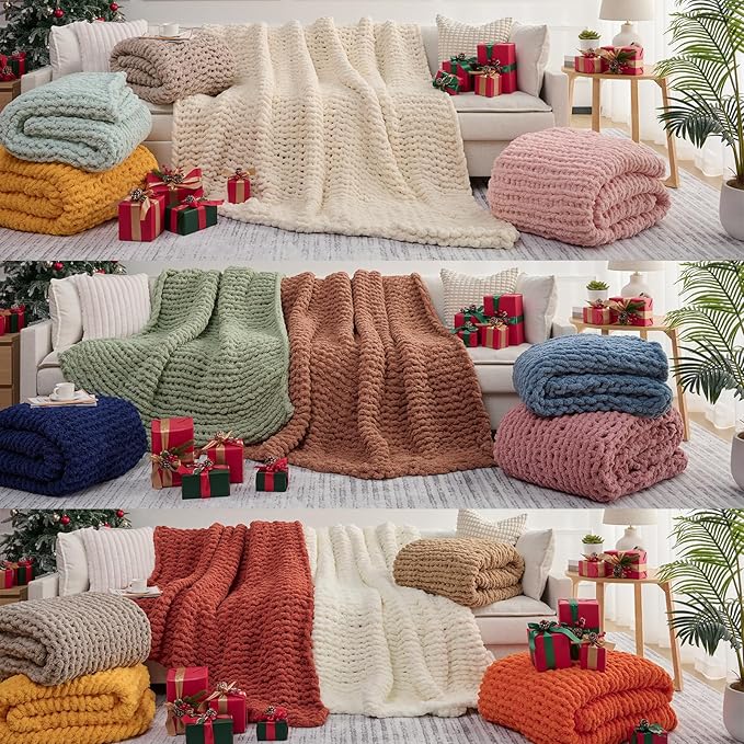 L'AGRATY Chunky Knit Blanket - Soft Chunky Throw 60x80 inches: 100% Hand Kintted Chenile Crochet Throw for Couch - Large Cable Knit Blanket for Home Decor (Ivory)