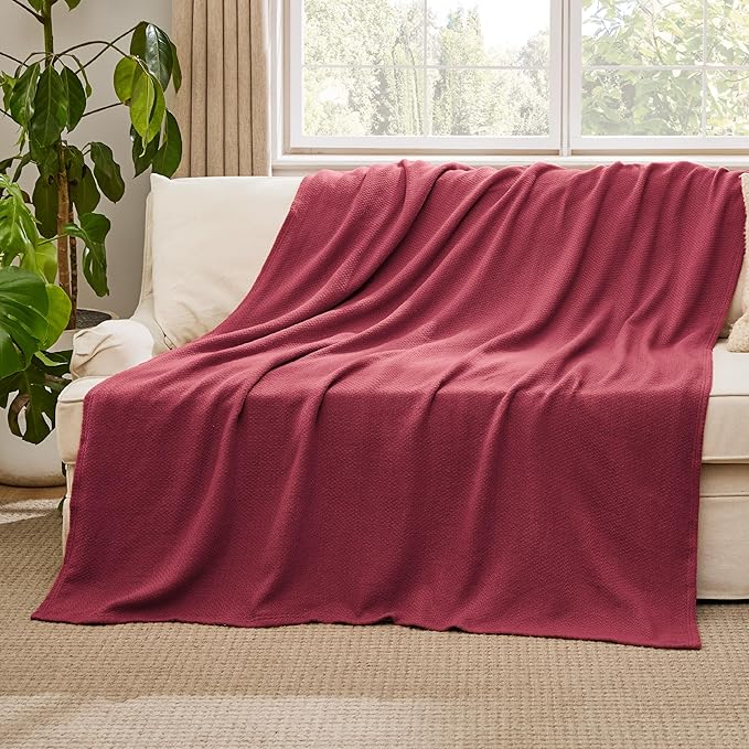 Bedsure 100% Cotton Blanket Twin XL Size for Bed - Breathable and Lightweight, Soft Cozy Textured Herringbone Woven Blanket for Summer Spring, Dark Red, 66x90 inches