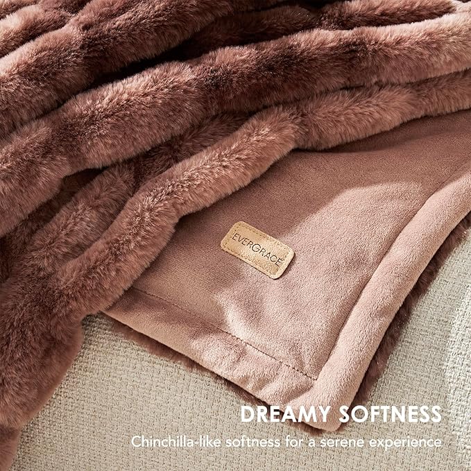 EVERGRACE Luxurious Soft Faux Rabbit Fur Throw Blanket, Cozy Fuzzy Plush Warm Throws for Couch Bed Sofa Chair Home Decor, Ruched Bubble Fluffy Blanket with Reversible Velvet, 60" x 80", Mocha Brown