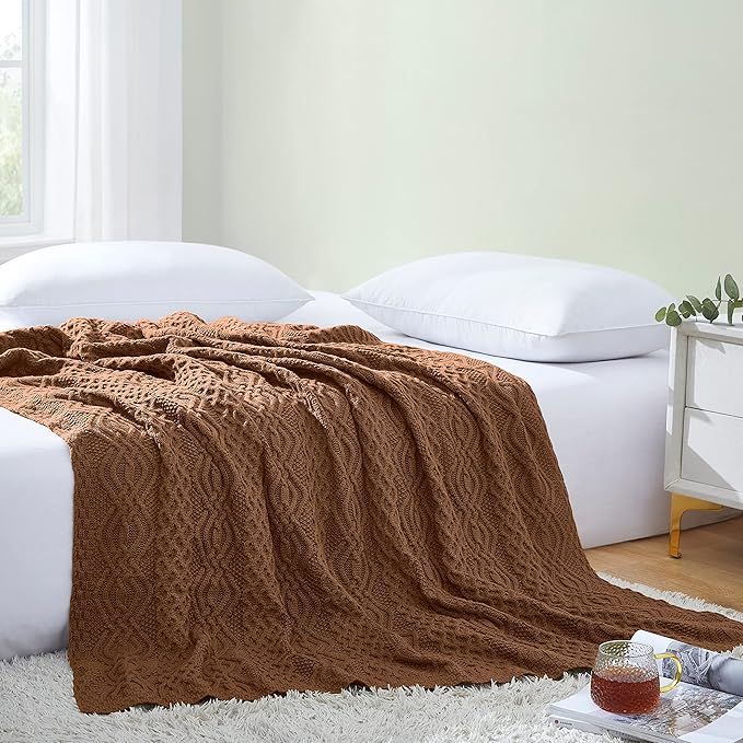 Aormenzy Brown Cable Knit Throw Blanket, Soft & Warm Knitted Blanket Throw for Couch Bed Sofa Living Room, 50 x 60 inch