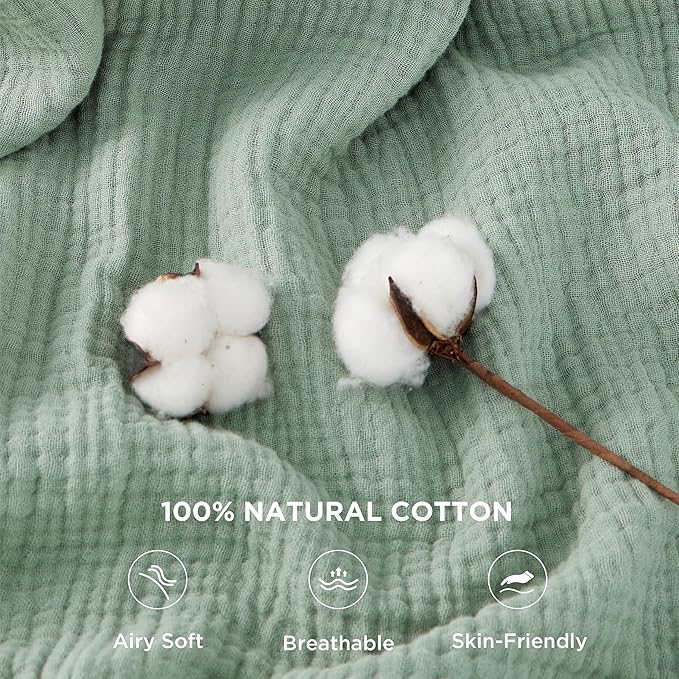 Bedsure 100% Cotton Muslin Throw Blanket Twin XL for Bed - 4-Layer Breathable and Lightweight Thin Soft Gauze Muslin Blanket for Summer, Sage Green, 66x90 Inches