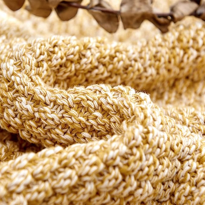 Longhui bedding Gold Knitted Throw Blanket for Couch, Soft, Cozy Machine Washable 100% Cotton Sofa Blanket, Heavy 2.5lb Weight, Laundry Bag Included, Mustard Yellow and White