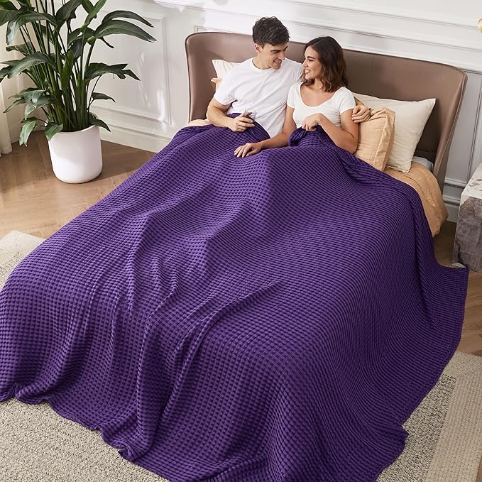 Bedsure Cooling Cotton Waffle Oversized King Blanket - Lightweight Breathable Rayon Derived from Bamboo for Hot Sleepers, Luxury Throws for Bed and Sofa, Purple, 120x96 Inches