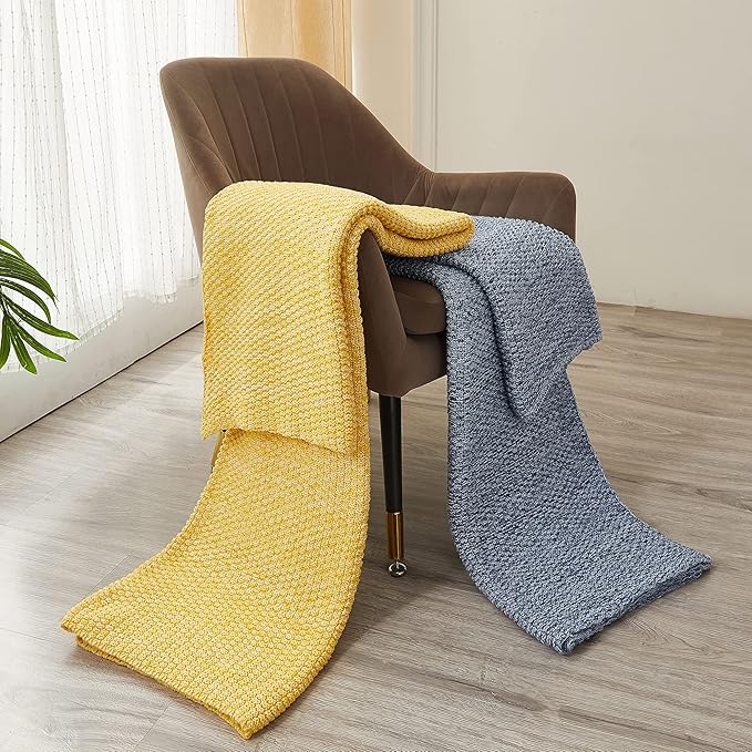 Longhui bedding Yellow Knitted Throw Blanket for Couch Sofa Bed, Soft, Cozy Machine Washable 100% Cotton Sofa Cable Knit Blankets, Large 60 x 80 Inches Oversized, Bright Yellow and White Color