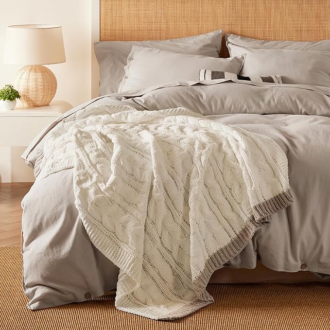 Bedsure Cable Knit Throw Blanket for Couch Bed - Chenille Chunky Knit Throw Blanket for Summer and All Seasons, Soft Cozy and Warm, Cream, 50x60 Inches