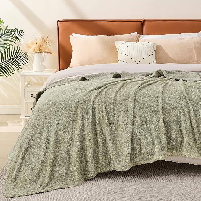 EMME Muslin Cotton Fleece Throw Blanket Reversible - 50"*60" Sage Green Soft Warm Throw Blankets for Couch Bed Picnic Travel Bed