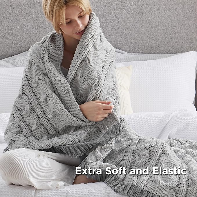 Bedsure Cable Knit Twin Blanket for Couch Bed - Chenille Chunky Knit Twin Blanket for Winter and All Seasons, Soft Cozy and Warm, Grey, 60x80 Inches