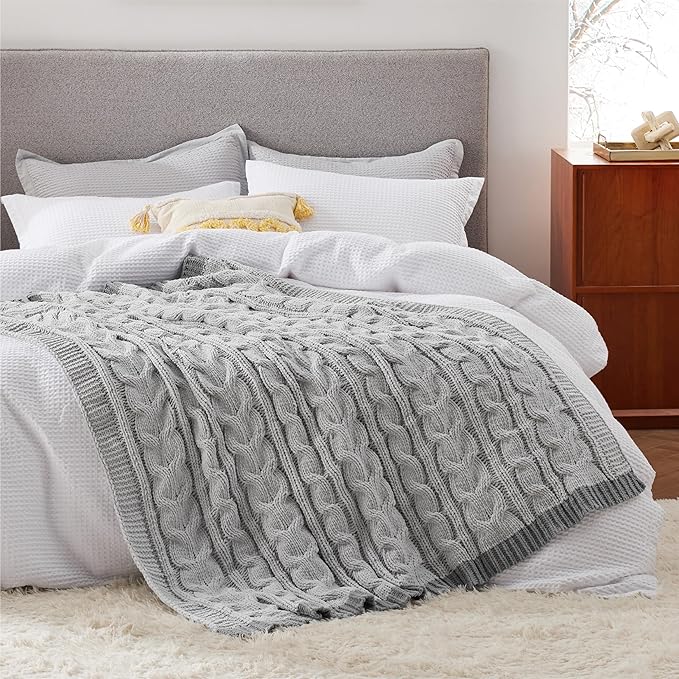 Bedsure Cable Knit Twin Blanket for Couch Bed - Chenille Chunky Knit Twin Blanket for Winter and All Seasons, Soft Cozy and Warm, Grey, 60x80 Inches