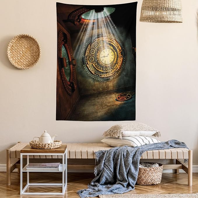 Ambesonne Fantasy Tapestry, Fantasy Scenery with Clock Dream Sky Rays from the Ceiling Fictional Art, Fabric Wall Hanging Decor for Bedroom Living Room Dorm, 30" X 45", Teal Brown