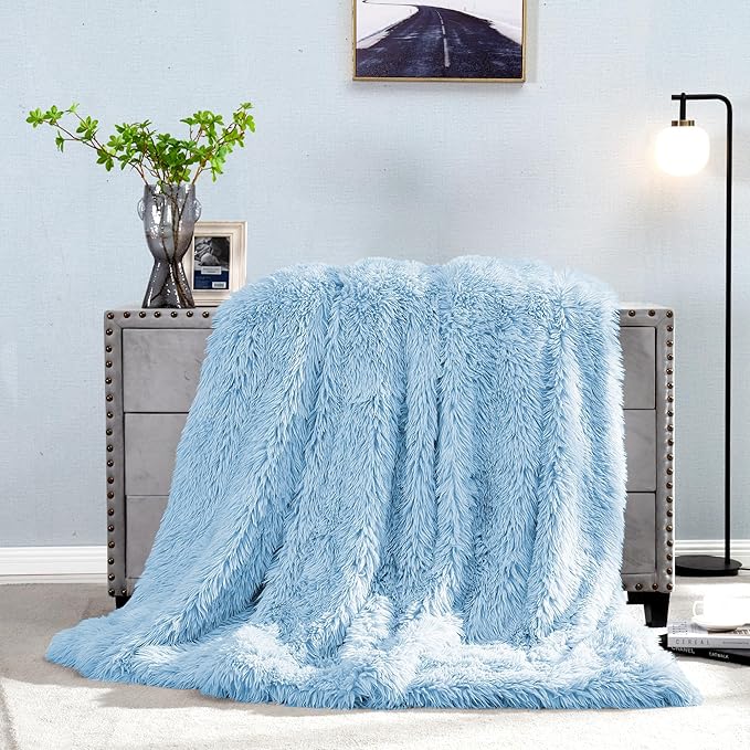 JONIYEAR Oversized Decorative Fluffy Faux Fur Throw Blanket Twin Size 60" x 71",Soft Large Luxury Lightweight Furry Blanket,Accent Cozy Shaggy Plush Thick Warm Fuzzy Blankets for Winter Bed Couch,Blue