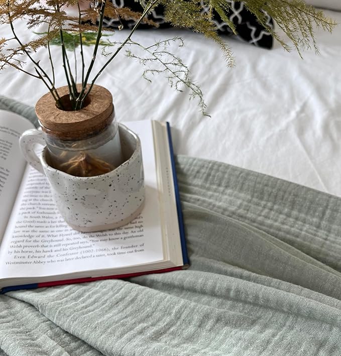 100% Cotton Blankets King 90" x104“ Muslin Throw Blanket for Adult, Bed, Couch, Pre-Washed, Breathable Lightweight Gauze Soft Blanket w/Fringe, All Season, (Sage Green)