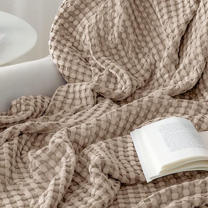 Bedsure Cooling Cotton Waffle Weave Throw Blanket - Lightweight Breathable Blanket of Rayon Derived from Bamboo for Hot Sleepers, Luxury Throws for Bed, Couch and Sofa, Taupe, 50x70 Inches