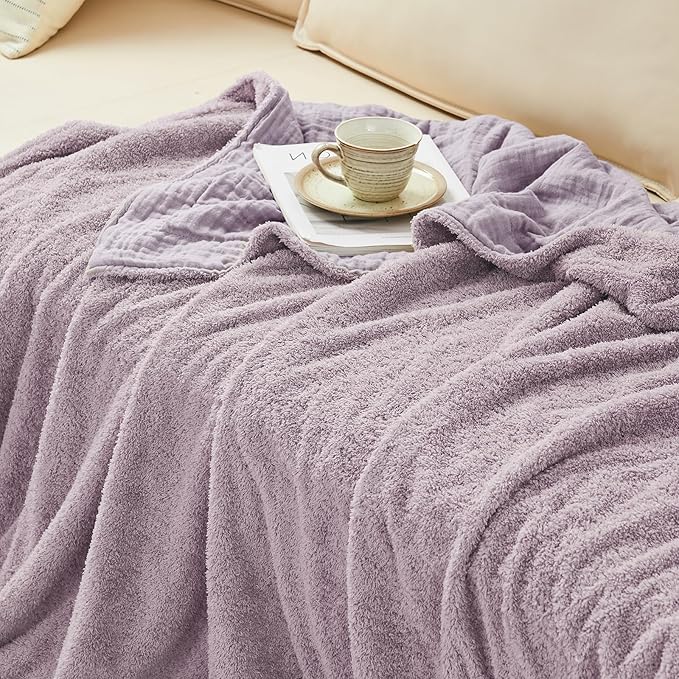 EMME Muslin Cotton Fleece Throw Blanket Reversible - 50"*60" Lavender Soft Warm Throw Blankets for Couch Bed Picnic Travel Bed