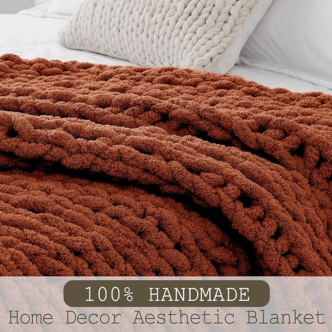 Chunky Knit Throw Blanket 50"X 60", 100% Handmade with Soft Chenille Yarn, 4.4lbs Thick Cable Knitted Blankets, Large Rope Knot Crochet Throws for Couch Sofa Bed Home Decor, Rust