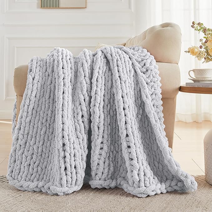 Carriediosa Chunky Knit Throw Blanket 50" X 60", 100% Hand Made Large Chenille Loop Yarn Soft Fluffy Throws for Couch Sofa Bed, Big Crochet Cozy Heavy Thick Cable Woven Blankets, Light Grey