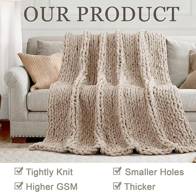 Chunky Knit Throw Blanket 50"X 60", 100% Handmade with Soft Chenille Yarn, 4.4lbs Thick Cable Knitted Blankets, Large Rope Knot Crochet Throws for Couch Sofa Bed Home Decor, Taupe