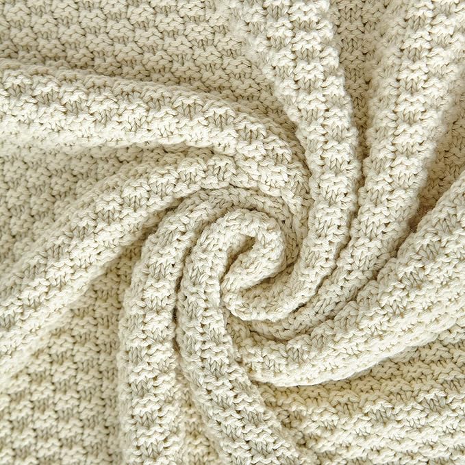 Longhui bedding Cream Knitted Throw Blanket for Couch, Soft, Cozy Machine Washable 100% Cotton Sofa Knit Blankets, Heavy 3.0lb Weight, 51 x 63 Inches, Beige Color