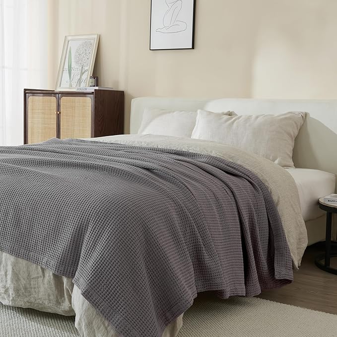 100% Cotton Waffle Weave Lightweight Summer Bed Blanket - Full Queen Size - 90x90in Prewashed Breathable, Woven, Layering Blanket (Dark Grey)