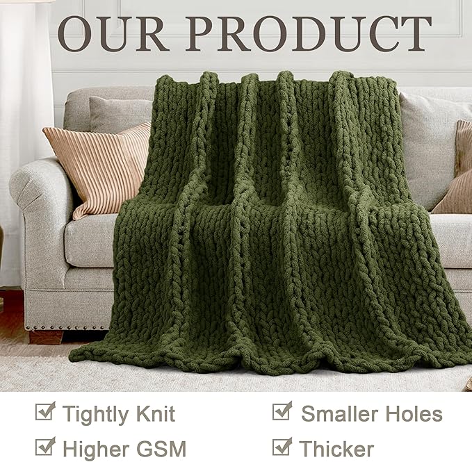 Chunky Knit Throw Blanket 50"X 60", 100% Handmade with Soft Chenille Yarn, 4.4lbs Thick Cable Knitted Blankets, Large Rope Knot Crochet Throws for Couch Sofa Bed Home Decor, Olive Green