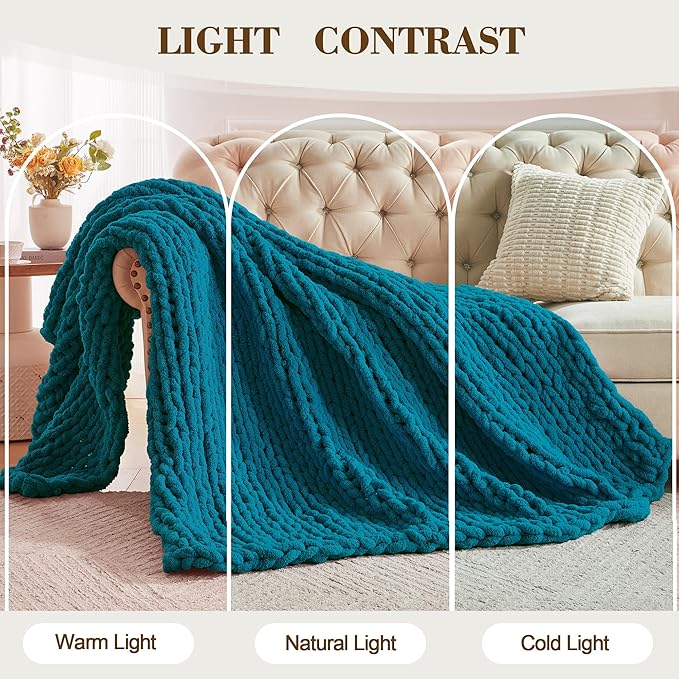 Carriediosa Chunky Knit Throw Blanket 60" X 80" Twin, 100% Hand Made Large Chenille Loop Yarn Soft Fluffy Throws for Couch Sofa Bed, Big Crochet Cozy Heavy Thick Cable Woven Blankets, Teal