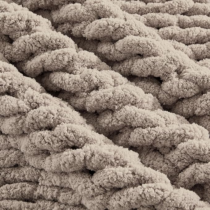 Carriediosa Chunky Knit Throw Blanket 60" X 80" Twin, 100% Hand Made Large Chenille Loop Yarn Soft Fluffy Throws for Couch Sofa Bed, Big Crochet Cozy Heavy Thick Cable Woven Blankets, Taupe