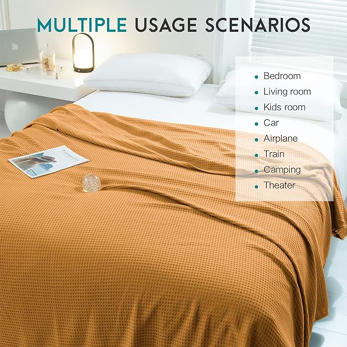 AmyHomie Cooling Blanket King Size, 100% Rayon Derived from Bamboo Waffle Blanket, Cool Summer Blanket for Hot Sleepers Soft Comfy Lightweight Blankets for All Seasons (Orange Yellow, 108×90in)