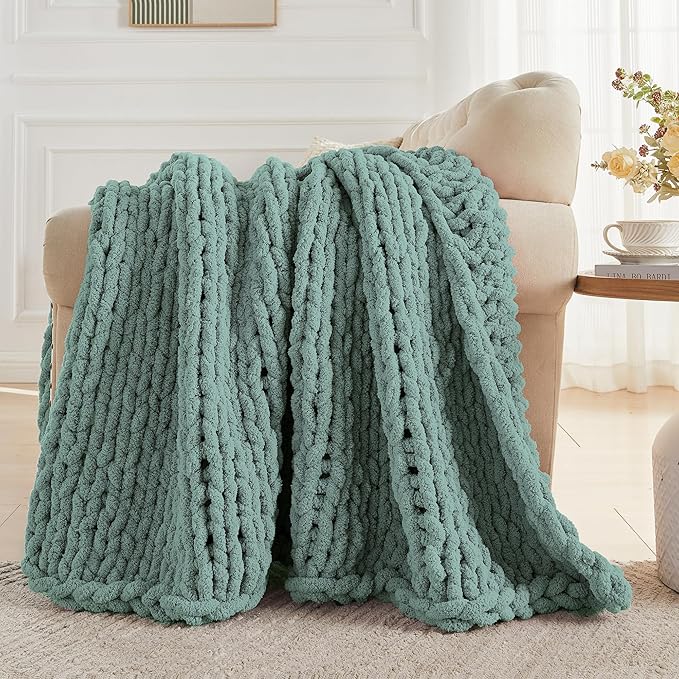 Carriediosa Chunky Knit Throw Blanket 50" X 60", 100% Hand Made Large Chenille Loop Yarn Soft Fluffy Throws for Couch Sofa Bed, Big Crochet Cozy Heavy Thick Cable Woven Blanket, Sage Green