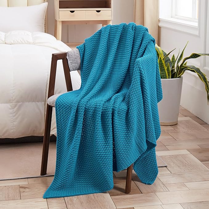 Longhui bedding Teal Knitted Throw Blanket for Couch, Soft, Cozy Machine Washable 100% Cotton Sofa Knit Blankets, Heavy 3.0lb Weight, 51 x 63 Inches, Teal Color.