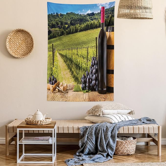 Ambesonne Winery Tapestry Twin Size, Red Wine Bottles with Grapes on Timber Board Tuscany Italian Terrace Scenery, Wall Hanging Bedspread Bed Cover Wall Decor, 68" X 88", Green Blue Brown