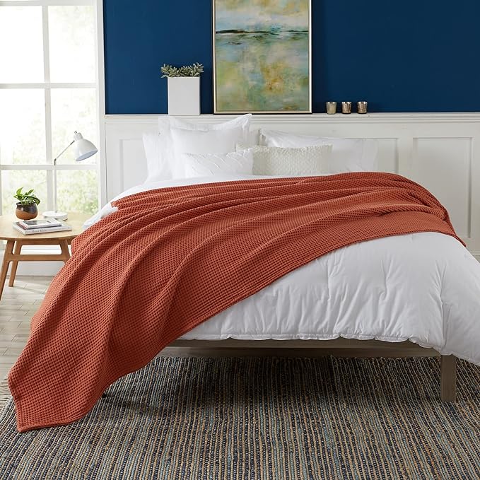 100% Cotton Waffle Weave Bed Blanket | Soft, Breathable, and Lightweight Blanket for All-Season | Perfect for Layering | Brielle Collection (King, Burnt Orange)