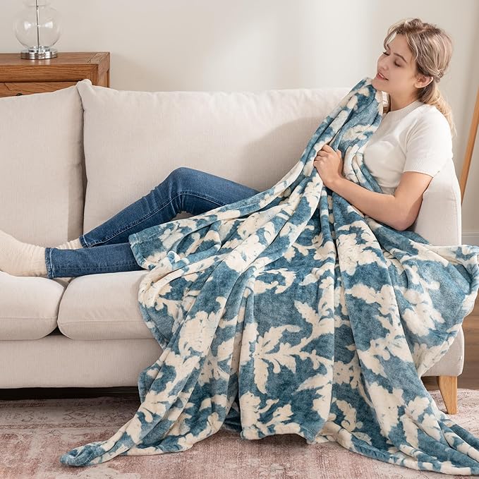 Berkshire Blanket-Classic Heavyweight Soft Printed VelvetLoft® Plush Throw Blanket, Cozy and Fuzzy, Floral Blue, 50in x 70in