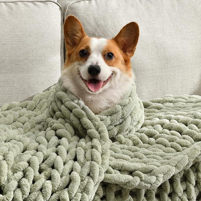Soft Chunky Knit Blanket, 60X80 in Handmade Thick Chenille Yarn Throw Without Shedding & Raveling, Aesthetic & Cozy Home Decor with Couch Sofa Bed, Gift Pack, Sage Green