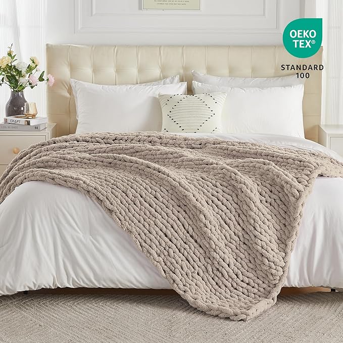 Carriediosa Chunky Knit Throw Blanket 60" X 80" Twin, 100% Hand Made Large Chenille Loop Yarn Soft Fluffy Throws for Couch Sofa Bed, Big Crochet Cozy Heavy Thick Cable Woven Blankets, Taupe