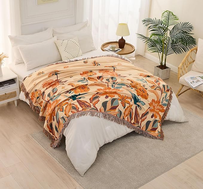 Fall Boho Throw Blanket for Couch Sofa 90"x98",100% Cotton Muslin Throw Blanket for Bed,Ultra Soft 4-Layers Woven Blanket with Floral Printed for All Season,Farmhouse Throws Bed Chair Cover
