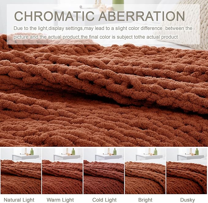 Chunky Knit Throw Blanket 50"X 60", 100% Handmade with Soft Chenille Yarn, 4.4lbs Thick Cable Knitted Blankets, Large Rope Knot Crochet Throws for Couch Sofa Bed Home Decor, Rust