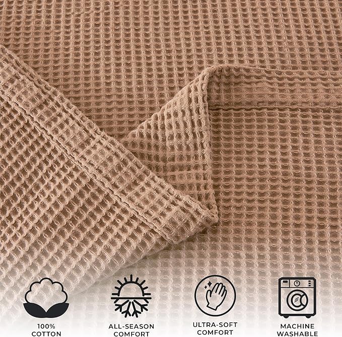 100% Cotton Waffle Weave Throw Blanket - Taupe Waffle Weave Lightweight Summer Throw Blanket - 50x60in Prewashed Breathable, Woven Throw for Couch, Bed or Office (Toffee)