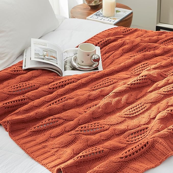 Amélie Home Chunky Knit Chenille Throw Blanket, Breathable Cable Knitted Blanket for Couch, Farmhouse Decorative Throw for Sofa Chair Bed, 60"x80", Burnt Orange
